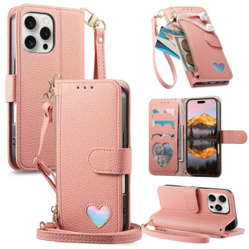 SLWYF Handyhülle für Realme C20/C11 2021/C21 Hülle mit Schulterriemen, Premium PU Klapphülle Geldbörse Handyhülle, Leder Reißverschluss Brieftasche Schutzhülle, Rosa