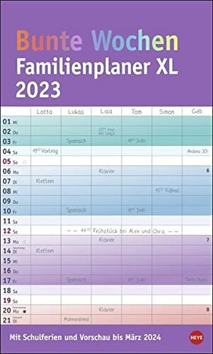 Bunte Wochen Familienplaner XL 2023. Familienkalender mit 6 Spalten. Praktischer Familien-Wandkalender mit Schulferien. Extra breiter Terminkalender.