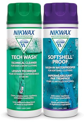 Nikwax Softshell Cleaning & Waterproofing DUO-Pack, Cleans and Restores DWR Water Repellency in Jackets, Pants, Vests, Outerwear, Ski and Snow Gear