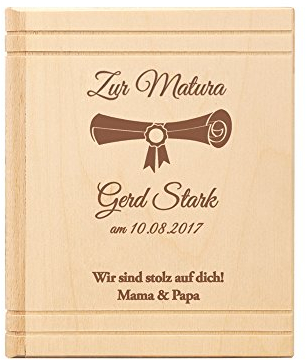 Spardose Buch aus Holz - mit Gravur zur Matura – Personalisiert mit Namen und Datum – Motiv Urkunde - Sparbüchse aus Birkenholz als Geschenk – Sparschwein als Schulabschluss Geschenkidee
