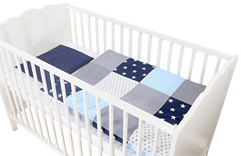ULLENBOOM ® Baby Bettwäsche aus 100% Baumwolle (OEKO-TEX), 80x80 cm Blau Hellblau Grau - 2-teilig (Set): Baby Bettwäsche 80x80 cm und Kissenbezug 35x40 cm, Für Jungen und Mädchen