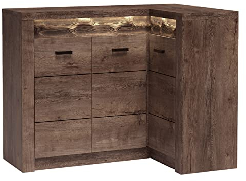Mirjan24 Eckkommode Indiano I-15K, Kommode, Mehrzweckschrank Anrichte Diele Flur Esszimmer (Esche Dunkel, mit warmweißer LED-Beleuchtung)