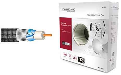 Metronic 414220 - Cable coaxial de 100 m para Uso Interior y Exterior (Calidad de instalación de TV (Antena) / Sat (satélite) diámetro 5 mm blindado, impedancia 75 ohmios, Color Blanco