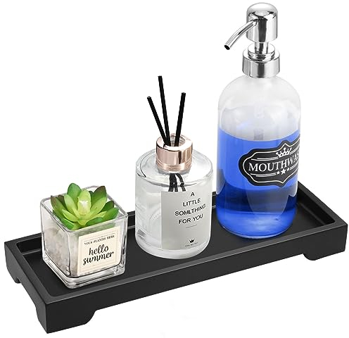 Luxspire Badezimmer Tablett, Harz Rechteckig Schmucktablett Marmor Tablett Schwarz Schminktisch Länglich Deko Tablett Make Up Organizer Seifen Spender Platte für Handtuch Küchen Pflanze, Matte Schwarz