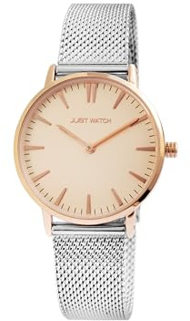 Just Watch Damen Armbanduhr mit Leder & Edelstahlarmband | Quarzuhr mit Gehäuse Ø 33 mm & Mineralglas | Dornschließe | 3 bar wasserdicht | Klassische Uhr für Frauen (Silber/Roségold Edelstahl)