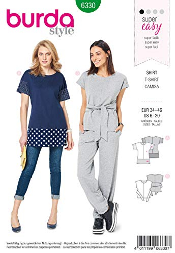 burda Schnittmuster Damen Shirts Langarm/Kurzarm mit/ohne Bindeband #6330 Gr. 34-44