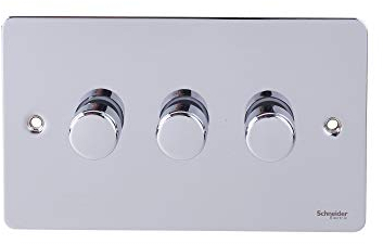 Schneider Electric Ultimate Flat Plate - 3 Gang 2 Way Dimmer Light Switch, Main & Low Voltage, 250W/VA, GU6232CPC, Polished Chrome