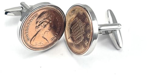 1971 Manschettenknöpfe zum 53. Geburtstag/Jubiläum mit einer Münze von 1 Pence Manschettenknöpfe von 1971 für einen 53. Geburtstag