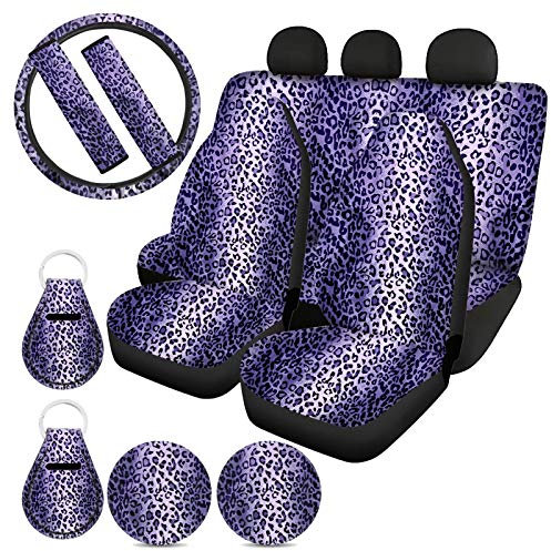 HUIACONG Cheeth Coprisedili per auto con stampa leopardata viola per auto, per donne, con coprivolante, imbottiture per cinture di sicurezza, sottobicchieri, portachiavi universali per interni auto