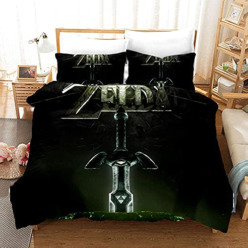 WYBFLF 3D Druck Duvet Cover Für Jungen Mädchen Gedruckt Kinder Junge Bettbezug The Legend of Zelda Spiel Cartoon Game Doppel (200x200 cm), 3-teiliges Set 1 Stück + 2 passender Kissenbez