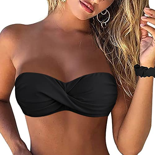 Hilor Women's Bandeau Bikini Top with Strap Push Up Padded Swimwear Halter Twist Bathing Suits Swim Top Black 18