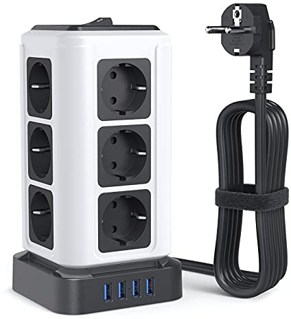 Floomp Multiprise Electrique avec USB, Tour 4 Ports USB et 12 Prises, 4000W/13A Protection Contre Les Surcharges Parasurtenseur, Câble 3M Adapté à la Maison au Bureau