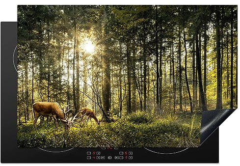 MuchoWow Herdabdeckplatte Ceranfeld Spritzschutz Küche Hirsche - Natur - Wald 80x52 cm Induktionsherd Abdeckung Induktionskochfeld Ceranfeldabdeckung