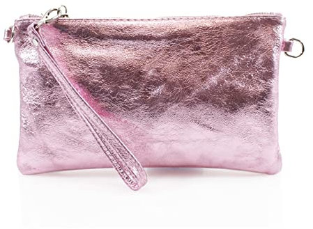 clicktostyle Shinny Metallic Leather Wristlet Clutch Pouch Purse Handbag Women Crossbody Strap Shoulder Bag 8890 (Pink)