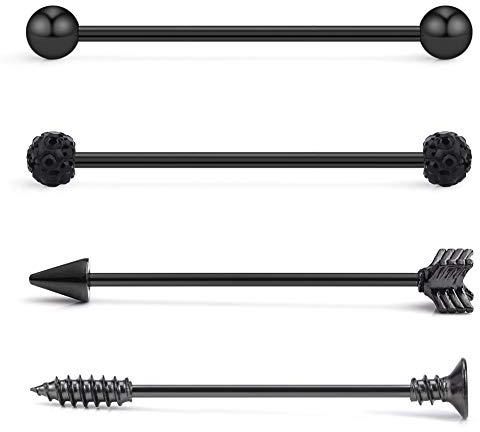 Longbeauty 4 Pcs 14 Gauge Industrial Piercing Barbells Set 38mm Edelstahl Bars Pfeil Schraube Ohrstecker Schmuck Knorpel Stabs Langhantel, Schwarz