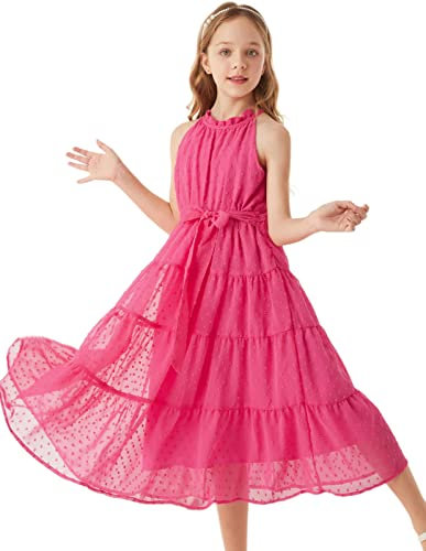 GRACE KARIN Filles Princesse Robe Une Ligne Maxi Casual Fête Festive Mariage pour Enfants 12 Ans Rose Rouge