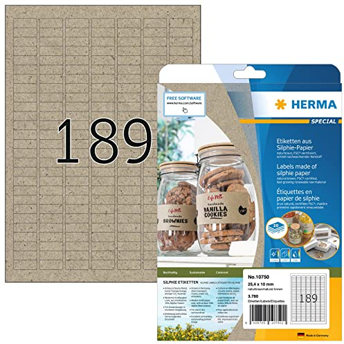 HERMA 10750 Universal Etiketten aus Graspapier, 20 Blatt, 25,4 x 10 mm, 189 pro A4 Bogen, 3780 Stück, selbstklebend, bedruckbar, matt, blanko Silphie-Papier Klebeetiketten Aufkleber, natur-braun