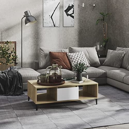 FIRBNUS 103,5x60x35 cm mit 2 Offenes Fach Beistelltisch mit Stauraum Couchtische Wohnzimmertisch Modern Design Coffee Table Tisch Wohnzimmer für Couch Robust Weiß und Sonoma Eiche Holzwerkstoff