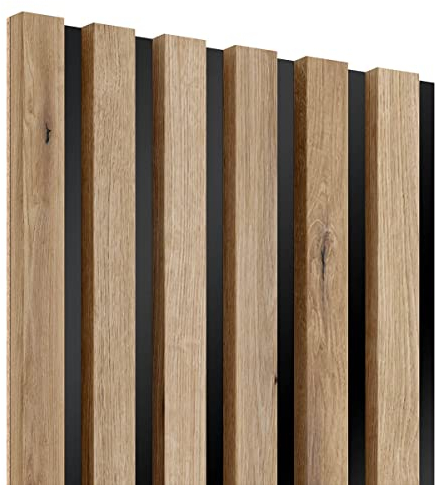 KLEMP Wandpaneele – Lamellenleisten aus MDF auf HDF Platte 30x275 cm, Wandverkleidung zur Montage mit Kleber oder Klebeband auf schwarzem Untergrund 6er-set Artisan Eiche