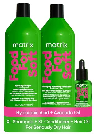 Matrix Food for Soft Hydrating shampoo 1L, detangling conditioner 1L and hair oil 50ml, infused with avocado oil and hyaluronic acid, for dry hair, trio