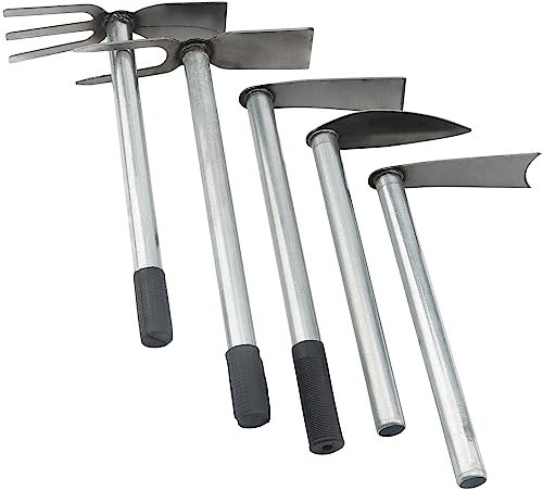 ZEONHEI 5-teiliges Gartenwerkzeug-Set, Hacke und Kultivator-Handfräse, robuste Grabhacke, 2 Gabel und 3 Gabel-Handfräse für Gartenarbeit, Jäten, Graben und Lösen von Boden, Karbonstahl