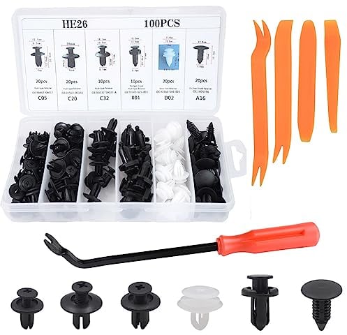 100 Stück Auto Befestigung Clips mit 5 Demontage Werkzeuge, 6 Arten Türverkleidung Klammern, Universal Stoßstangen Zierleisten Plastikklips Set, Spreiznieten Karosserie Befestigungssatz