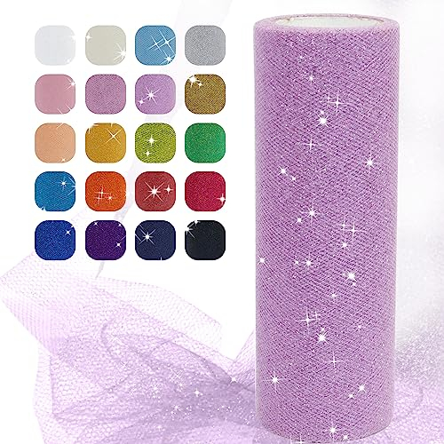 Uiopa Glitzer Tüll Helles Lila, 15cm x 22,8m Glitzerstoff Polyester Tüllband Hochzeit Dekostoff, Tüll Stoff Rolle für Tutu-Röcke Party Hochzeit Tisch Deko Geschenkverpackung DIY-Handwerk