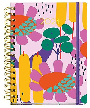 Miquelrius - Jahreskalender 2024 Semana Vista, Größe 155 x 213 mm (ähnlich A5), starrer Einband, Spiralbindung, Gummiverschluss, mehrsprachig, Catalina Aguirre, Blumen mit Goldprägung