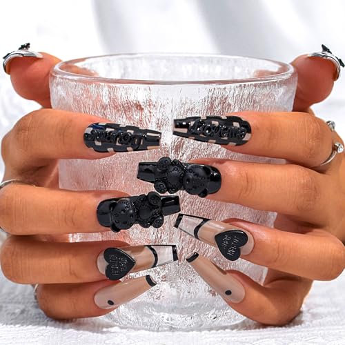 Sethexy French Luxury Long Coffin False Nails Handmade Glossy Acrylic Checkerboard Fake Nails 3D Black Bow Bear Press On Nails Salon Quality Nail Removable for Women and Girls(U)