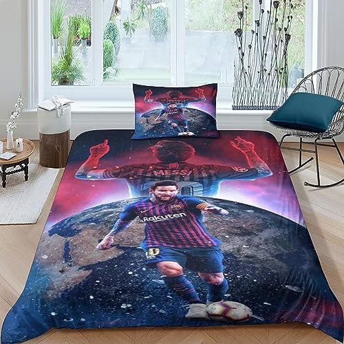 IVYARD Lionel Messi Bettbezug Bettwäsche Set 3D Druck,Microfaser Football Star Bettbezüge Mit Reißverschluss Und Kissenbezug,für Erwachsene Und Jugendliche Single(135x200cm)
