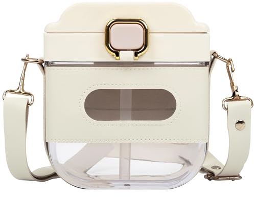 BELLE VOUS Gourde Carrée Beige avec Sangle Ajustable & Paille - Bouteille Eau en Plastique Réutilisable 700 ml - Gourde Sport Portable Anti-fuite & sans BPA pour École, Sport & Bureau