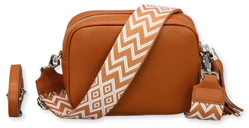 Brise Art Umhängetasche Damen Echtleder KIRA Silber Handgemachte Crossbody Bag Schultertasche mit Ledergurt + Optionalen Breiten Gemusterten Riemen Verstellbarer Gurt Made in Italy (Cognac Braun-3)