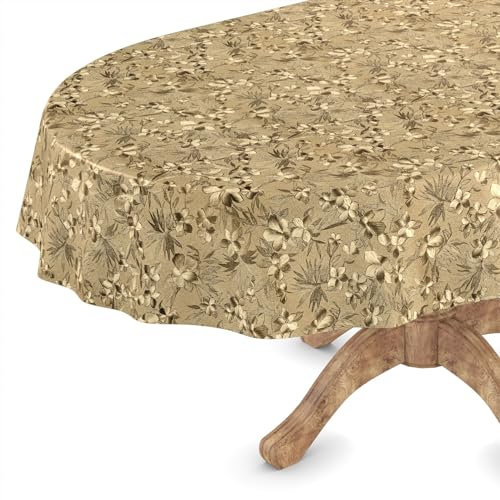 ANRO Wachstuch Tischdecke abwaschbar Wachstischdecke Plastik-Tischdecke Meterware edel glänzend eckig rund oval Oval 140 x 280cm Schnittkante Blumen Gold