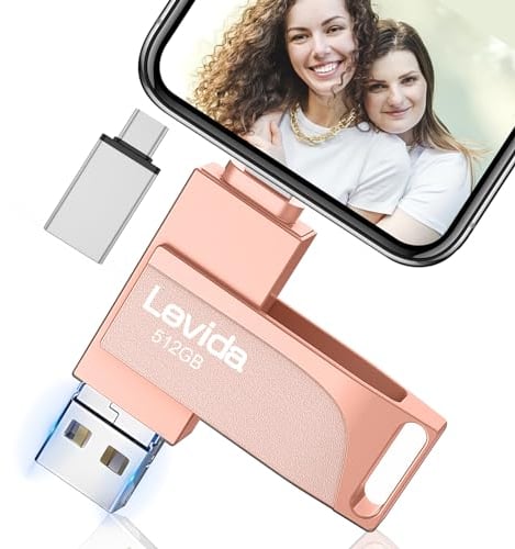 USB Stick 512GB für Phone,Levida Speicherstick,Photostick,Externer Speicher 4 in 1,Fotostick 3.0,Flash Drive für Handy,iOS,Android,Pad,Laptop,Pc(Mobile Memory,Automatic Photo Backup),Hellrosa