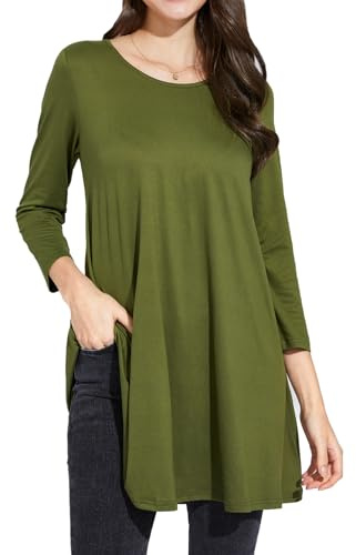 Enmain Olive Green Tunic Tops for Women UK 3/4 Long Sleeve Ladies Tunics Casual Solid Color Top for Leggings Loose Round Neck Blouse Shirt M