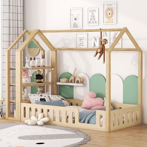 Merax Kinderbett 90x200cm mit Rausfallschutz, Kinder Hausbett mit Ablageregal, Stabiles Holz Baumhausbett mit Lattenrost, Spielbett für Jungen & Mädchen, Flachbetten, dekorativ, Ohne Matratze, Natur