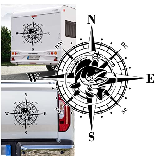 Rakelfix Autocollant boussole poisson brochet pêche pêche pêche autocollant personnalisable camping-car voiture autocollant boussole rose des vents campeurs