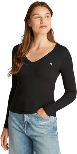 Tommy Jeans Camiseta de Manga Larga Mujer Slim Fit Essential V-Neck con Cuello de Pico, Negro (Black), L