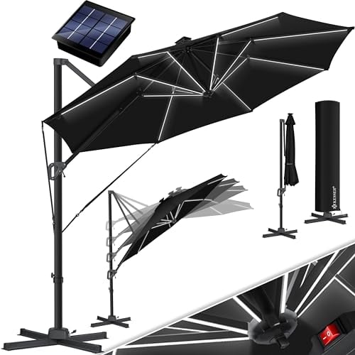 KESSER® Sonnenschirm Ampelschirm Sun Rund XL LED Solar Ø330 cm Inkl. Abdeckung, 7-Fach Verstellbar Neigbar Kippbar Groß 360° Drehbar Gartenschirm mit Kurbel Sonnenschutz UV50+ Schwarz