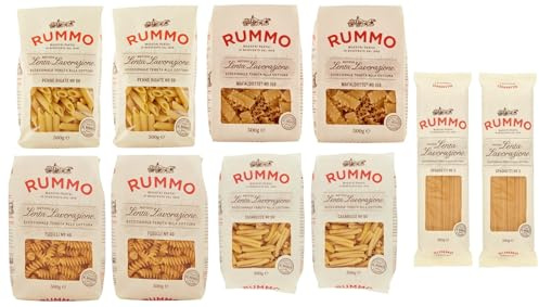Rummo Pasta Penne Rigate - Spaghetti - Casarecce - Fusilli - Mafaldotte - Confezione da 10 confezioni di test per pasta italiana a base di semola di grano duro, pasta italiana 500 g