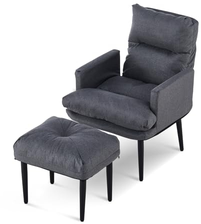 CLIPOP Ohrensessel mit Hocker, Relaxsessel mit Liegefunktion, Sessel & Ottomane, Polsterstuhl & Kissen, Fernsehsessel, TV-Sessel für Schlafzimmer, Wohnzimmer, 65x65x85 cm (Baumwoll-Leinen Dunkel Grau)