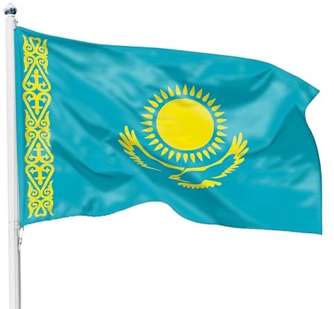 PHENO FLAGS Drapeau Kazakhstan 90x150cm – kazakh - résistant aux intempéries, avec œillets en laiton, 100% polyester, coutures doubles robustes et couleurs éclatantes – pour les passionnés de drapeaux