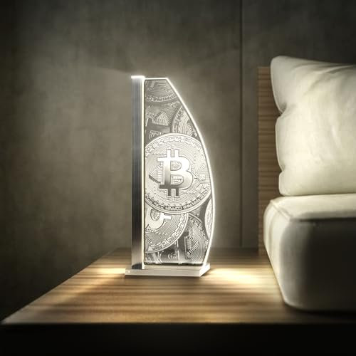 Luverre Tischlampe | LED-Leuchte | Glas-Leuchte mit Gravur für Nachttisch, Kommode, Wohnzimmer | Motivation, Pop Art, Bitcoin (Digital Gold, Segel | silber)