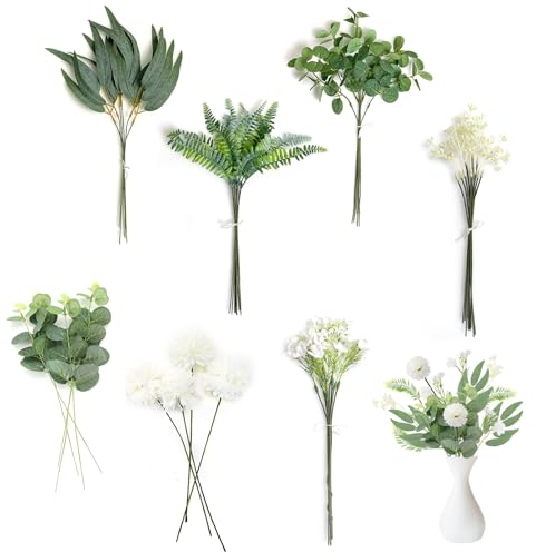 BRISKORE 59 Stück Künstliche Zweige & Blumen,Fake Blumendeko,Weiß Kunstblumen Grüne Blätter Künstlich Dekozweige,Künstliche Eukalyptus Zweige, Eukalyptus Hortensien,Kunstblumenstrauss Hochzeit