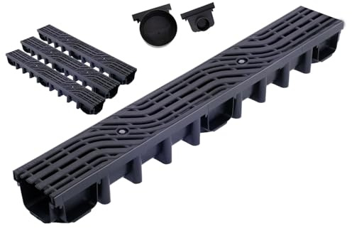 Durabern Entwässerungsrinne Gußrost 12,5t Belastung | Set - 98 mm Ablaufrinne, PKW-befahrbar, für Garten, Hof & Terrasse, inkl. Rost aus Gusseisen und 2 Ablaufstutzen (3m, Wave)