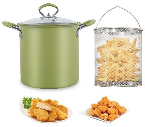 Deep Fryer Pot Chip Pans with Basket and Lid, 3L Stainless Steel Frying Pot with Heat Resistant Handle, Home Multipurpose Deep Fryer Pan for Kitchen French Fries, Tempura Chips, Fish, Chicken (green)