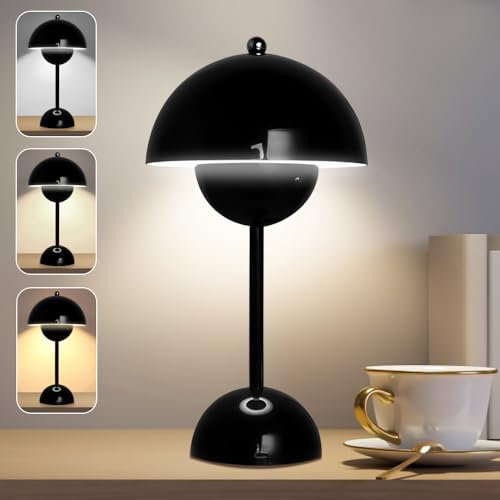 Afenau Flowerpot Lampe, Pilz Lampe Kabellos mit 3 Lichtfarben, Touchscreen Mushroom Lamp, USB-Aufladung Flowerpot Tischlampe, Tischlampe Pilz für Schlafzimmer, Büro, Bars (Schwarz)