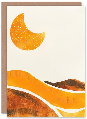 Artery8 Greeting Card Waxing Crescent Moon Abstract Orange Landscape Blank For Him Or Her Art Birthday Card