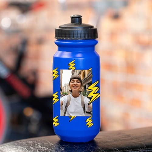 Wanapix | Bidon de Cyclisme Personnalisé | Couleur Bleue | Gourde pour Vélo avec la Photo ou le Nom de Votre Choix | Capacité de 620 ml | Sans BPA | Éclairs + Photo et Nom
