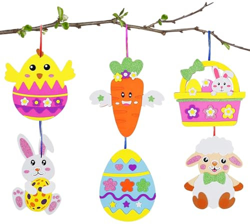 WD&CD 6 Osterküken Bastelset für Kinder Ostern Anhänger Deko Kreative Kunsthandwerk Bastelhandwerk Kreativset mit Mix & Match Moosgummi Teilen Osterdeko zum Basteln für Ostern